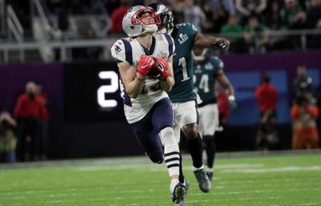 SUPER BOWL SLIDER4 Minneapolis, MN - 2/4/2018 - Chris Hogan makes a long reception during 2nd quarter of Super Bowl LII. The New England Patriots play the Philadelphia Eagles in Super Bowl LII at US Bank Stadium in Minneapolis on Feb. 4, 2018. (Barry Chin/Globe staff
