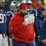 Foxborough, MA 01/22/17: Patriots defensive coordinator Matt Patricia (in red top) is pictured on the sidelines. The England Patriots hosted the Pittsburgh Steelers in the AFC Championship game at Gillette Stadium in Foxborough, MA. (Jim Davis/Globe Staff)