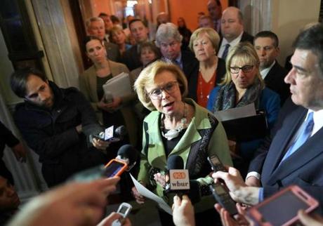 Acting Senate President Harriette Chandler addressed reporters at the State House on Wednesday.
