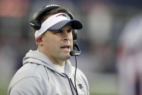 FILE - In this Jan. 21, 2018, file photo, New England Patriots offensive coordinator Josh McDaniels watches from the sideline during the first half of the AFC championship NFL football game against the Jacksonville Jaguars in Foxborough, Mass. The Indianapolis Colts announced Tuesday, Feb. 6, 2018, that hey have hired Josh McDaniels as their new head coach. (AP Photo/Charles Krupa, File)
