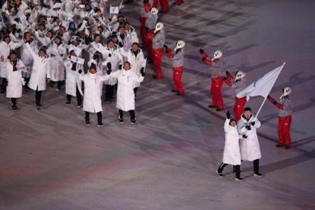 PYEONGCHANG-GUN, SOUTH KOREA - FEBRUARY 09: The North Korea and South Korea Olympic teams enter together under the Korean Unification Flag during the Parade of Athletes during the Opening Ceremony of the PyeongChang 2018 Winter Olympic Games at PyeongChang Olympic Stadium on February 9, 2018 in Pyeongchang-gun, South Korea. (Photo by Dan Istitene/Getty Images)
