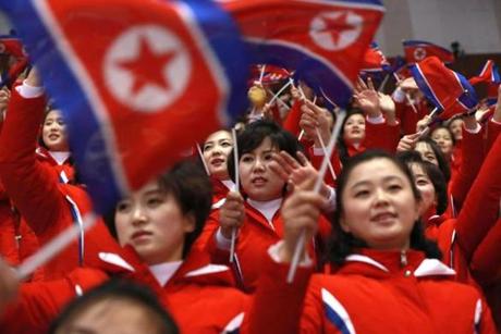 Mandatory Credit: Photo by HOW HWEE YOUNG/EPA-EFE/REX/Shutterstock (9372696g) The North Korean cheering squad during heats in the Men's Short Track Speed Skating 1500 m competition at the Gangneung Ice Arena during the PyeongChang 2018 Olympic Games, South Korea, 10 February 2018. Short Track - PyeongChang 2018 Olympic Games, Gangneung, Korea - 10 Feb 2018
