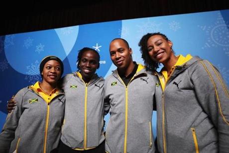 PYEONGCHANG-GUN, SOUTH KOREA - FEBRUARY 10: (R-L) The Jamaican Sliding Team of Jazmine Fenlator-Victorian, Anthony Watson, Carrie Russell and Audra Segree attend a press conference at the Main Press Centre during previews ahead of the PyeongChang 2018 Winter Olympic Games on February 10, 2018 in Pyeongchang-gun, South Korea. (Photo by Ker Robertson/Getty Images)
