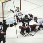 Adam Gaudette (8) celebrated a goal during Northeastern?s 3-0 win over BC in the semifinals.