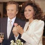 FILE - In this Jan. 3, 1987 file photo, Vic Damone, left, and Diahann Carroll show off their rings after wedding in Atlantic City, N,J. Damone died Sunday, Feb. 11, 2018, at a Miami Beach hospital from complications of a respiratory illness. He was 89. (AP Photo/Scott Stetzer, File)