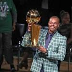 Paul Pierce held the Celtics? 2008 NBA championship trophy during his jersey retirement ceremony Sunday at TD Garden.