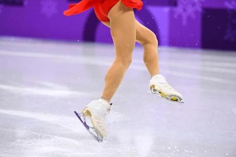 USA's Mirai Nagasu digs the tip of her skate into the ice floor to get elevation during a warm up jump before competing in the figure skating team event women's single skating free skating during the Pyeongchang 2018 Winter Olympic Games at the Gangneung Ice Arena in Gangneung on February 12, 2018. / AFP PHOTO / Roberto SCHMIDTROBERTO SCHMIDT/AFP/Getty Images
