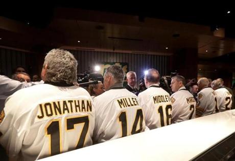The Bruins honored the 1977-78 team, which had 11 players score 20 or more goals, including (from left) Jean Ratelle, Don Marcotte, and Brad Park.
