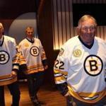 The Bruins honored the 1977-78 team, which had 11 players score 20 or more goals, including (from left) Jean Ratelle, Don Marcotte, and Brad Park.