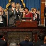 State Senator Linda Dorcena Forry wiped a tear from her eye while delivering her farewell address to the Legislature on Wednesday.