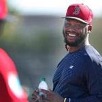 Fort Myers, FL 2/16/2018: One of the major parts of the TB12 method is drinking plenty of water, and the Red Sox Hanley Ramirez had a bottle with him on his first day in camp. Spring Training for the Red Sox continued today at the Player Development Complex at Jet Blue Park. (Jim Davis/Globe Staff)