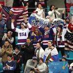 GANGNEUNG, SOUTH KOREA - FEBRUARY 17: Fans of the United States cheer prior to the Men's Ice Hockey Preliminary Round Group B game against Olympic Athlete from Russia on day eight of the PyeongChang 2018 Winter Olympic Games at Gangneung Hockey Centre on February 17, 2018 in Gangneung, South Korea. (Photo by Ronald Martinez/Getty Images)