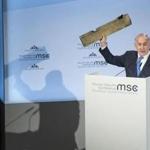 Benjamin Netanyahu held a piece of a drone, allegedly Iranian, shot down over Israel.