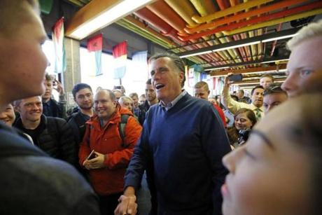 Former Republican presidential candidate Mitt Romney greets students at Utah Valley University on Feb. 16. 
