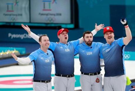 Mandatory Credit: Photo by HOW HWEE YOUNG/EPA-EFE/REX/Shutterstock (9436556cq) (L-R) Tyler George, skip John Shuster, John Landsteiner and Matt Hamilton of the US celebrate after winning the gold medal in the Men's Curling Final between Sweden and USA at the Gangneung Centre, in Gangneung, during the PyeongChang Winter Olympic Games 2018, South Korea, 24 February 2018. Curling - PyeongChang 2018 Olympic Games, Gangneung, Korea - 24 Feb 2018
