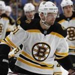 Boston Bruins forward Rick Nash (61) skates during warm-ups prior to the first period of an NHL hockey game against the Buffalo Sabres, Sunday, Feb. 25, 2018, in Buffalo, N.Y. (AP Photo/Jeffrey T. Barnes)