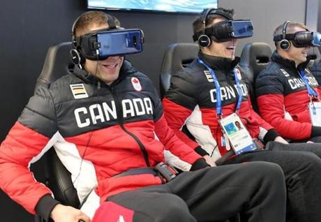SOUTH KOREA OUT Mandatory Credit: Photo by YONHAP/EPA-EFE/REX/Shutterstock (9354400f) Canadian athletes experience virtual reality (VR) gadgets at the Olympic Village for the PyeongChang Olympics 2018 in Gangneung, Gangwon Province, South Korea, 05 February 2018 (issued 06 February 2018). Pyeongchang 2018 Olympic Games, Gangneung, Korea - 05 Feb 2018
