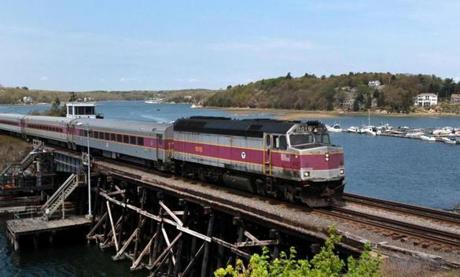 A Rockport-bound MBTA commuter rail train crossed the Annisquam River in Gloucester.
