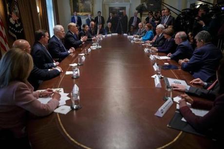 President Trump met with bipartisan members of Congress to discuss guns and school safety in the Cabinet Room at the White House on Wednesday.
