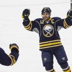 Buffalo Sabres forward Brian Gionta (12) celebrates his goal during the second period of an NHL hockey game against the Los Angeles Kings, Tuesday, Dec. 13, 2016, in Buffalo, N.Y. (AP Photo/Jeffrey T. Barnes)