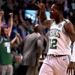 Boston, MA - 2/09/2018 - (3rd quarter) Boston Celtics guard Terry Rozier (12) celebrates his last second three pointer at the end of the third quarter. The Boston Celtics host the Indiana Pacers at TD Garden. - (Barry Chin/Globe Staff), Section: Sports, Reporter: Adam Himmelsbach, Topic: 10Celtics-Pacers, LOID: 8.4.933028151.