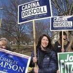 Carina Driscoll (center) and her supporters campaigned Tuesday outside a polling place in Burlington, Vt.