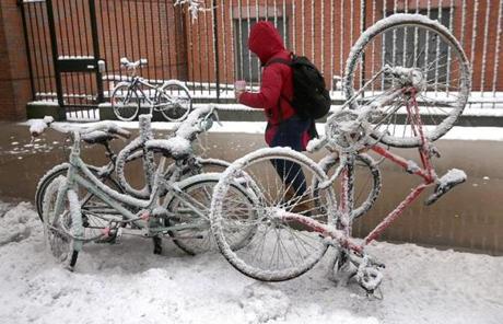 Bike racks were iced over on Harrison Avenue in Boston.
