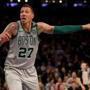 NEW YORK, NY - FEBRUARY 24: Daniel Theis #27 of the Boston Celtics reacts to a call in the second half against the New York Knicks at Madison Square Garden on February 24,2018 in New York City. NOTE TO USER: User expressly acknowledges and agrees that, by downloading and or using this Photograph, user is consenting to the terms and conditions of the Getty Images License Agreement (Photo by Elsa/Getty Images)