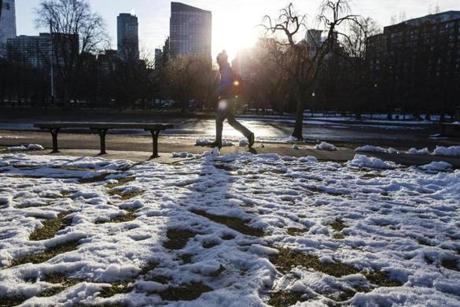 There was still snow on the ground in the Public Garden Monday, even as another nor?easter loomed.
