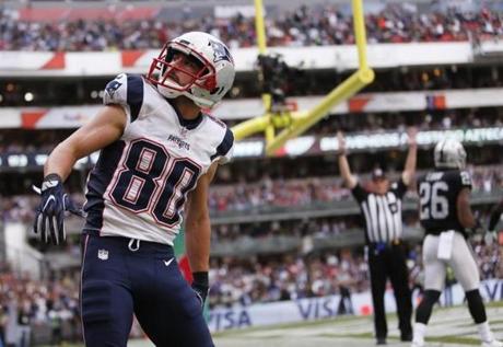 Mexico City, Mexico -- 11/19/2017 - New England Patriots Danny Amendola celebrates his touchdown against the Oakland Raiders during the first half of their 2017 NFL Mexico Game at the Estadio Azteca. (Jessica Rinaldi/Globe Staff) Topic: Patriots Reporter: 
