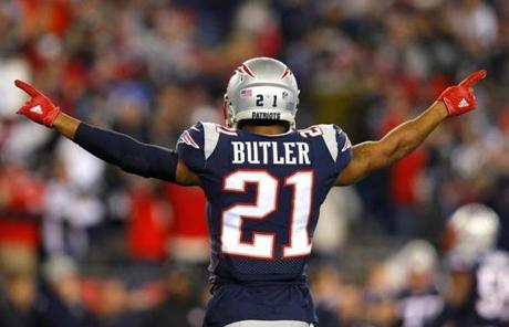 FOXBOROUGH, MA - JANUARY 21: Malcolm Butler #21 of the New England Patriots reacts in the fourth quarter during the AFC Championship Game against the Jacksonville Jaguars at Gillette Stadium on January 21, 2018 in Foxborough, Massachusetts. (Photo by Kevin C. Cox/Getty Images)
