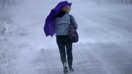 A woman shielded herself with an umbrella on Commonwealth Avenue during Tuesday?s blizzard. 
