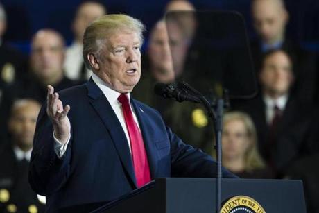 Manchester , NH - 3/19/2018 - U.S. President Donald Trump delivers a speech on his administration's plans to combat the opioid crisis at Manchester Community College in Manchester , NH, Mar. 19, 2018. (Keith Bedford/Globe Staff)
