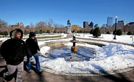 BOSTON, MA - 3/19/2018:A fountain has a ring of snow and ice at the bottom in the Boston Public Garden. First day of spring approaches but cold and in many places snow is still on the ground with chilling winds. (David L Ryan/Globe Staff ) SECTION: METRO TOPIC stand alone photo
