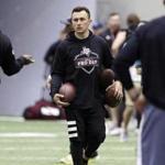 Former Cleveland Browns quarterback Johnny Manziel during drills at his alma mater during Texas A&M's football Pro Day in College Station, Texas, Tuesday, March 27, 2018. (AP Photo/Michael Wyke)