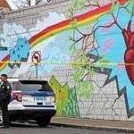 BOSTON, MA - 3/30/2018:A mural of a heart on Dacia Street is right around the corner of Wayland St where shooting occured. Police investigate where a man wasshot to death on Wayland Street near Quincy St Dorchester (David L Ryan/Globe Staff ) SECTION: METRO TOPIC stand alone photo