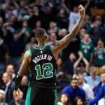 Boston Celtics' Terry Rozier gestures to the crowd during the fourth quarter of an NBA basketball game against the Toronto Raptors in Boston, Saturday, March 31, 2018. The Celtics won 110-99. (AP Photo/Michael Dwyer)