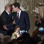 President Donald Trump with his son-in-law and senior adviser, Jared Kushner, who is married to Trump?s daughter Ivanka (right) during a reception at the White House.