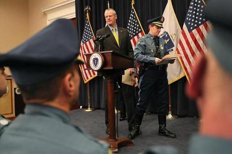 Governor Charlie Baker and Massachusetts State Police Colonel Kerry Gilpin held a press conference at the State House to announce a series of reforms to policies and procedures at the Massachusetts State Police. 

