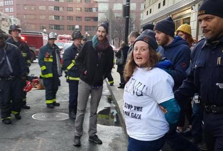 Shira Tiffany being arrested outside the Israeli Consulate in Boston on Tuesday. 
