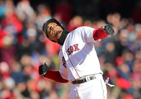 Boston-04/05/18 The Boston Red Sox vs Rays Home opener- Xander Bogaerts gestures at second base after a 9th inning rbi tied the game. Photo by John Tlumacki/Globe Staff(sports
