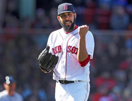 Boston, MA: 4/5/2018: Red Sox starting pitcher David Price reacts after he got out of a jam to end the top of the fifth inning. The Boston Red Sox hosted the Tampa Bay Rays in their 2018 MLB home Opening Day baseball game at Fenway Park. (Jim Davis/Globe Staff)
