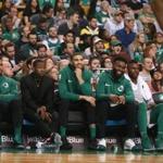 Boston MA 4/11/18 The end of the Boston Celtics bench (l to r) Al Horford, Terry Rozier, Jayson Tatum, Jaylen Brown, and Guerschon Yabusele the only player to see action against the Brooklyn Nets during second quarter action at the TD Garden. (photo by Matthew J. Lee/Globe staff) topic: reporter: 