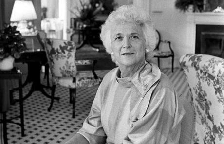 BARBARA SLIDER FILE Ñ Barbara Bush, the wife of Vice President George H. W. Bush, in the official residence of the Vice President in Washington, March 21, 1984. Bush, the widely admired wife of one president and the fiercely loyal mother of another, died on April 17, 2018. She was 92. (George Tames/The New York Times)
