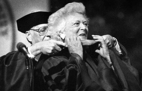 BARBARA SLIDER Boston, MA - 6/15/1991: Former First Lady Barbara Bush is awarded an honorary Doctor Of Public Service by Northeastern University during commencement at Boston Garden on June 15, 1991. Dennis Picard, Board of Trustees member, vests her. (Joanne Rathe/Globe Staff) --- BGPA Reference: 170126_MJ_007
