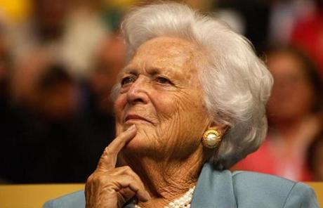 BARBARA SLIDER FILE- APRIL 17: Former First Lady Barbara Bush Dies at 92: ST. PAUL, MN - SEPTEMBER 02: Former first lady Barbara Bush attends day two of the Republican National Convention (RNC) at the Xcel Energy Center on September 2, 2008 in St. Paul, Minnesota. The GOP will nominate U.S. Sen. John McCain (R-AZ) as the Republican choice for U.S. President on the last day of the convention. (Photo by Scott Olson/Getty Images)
