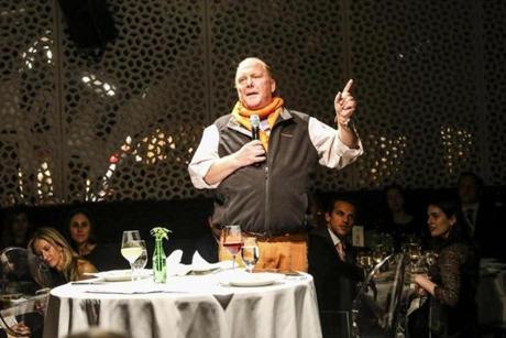 FILE -- The celebrity chef Mario Batali speaking at a benefit for Teens for Food Justice at his restaurant La Sirena in New York, Nov. 27, 2017. While other men accused of sexual harassment lie low, Batali, who was accused in December of 2017, has been already exploring whether he can move on to a new role. (Krista Schlueter/The New York Times)
