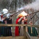 CONCORD, MA - 4/19/2018 :. In commemoration of the brave Daughters of Liberty, the Molly Cutthroats, a living history group dedicated to the role of women in the Revolution, will fire a ceremonial volley of musketry from North Bridge. (David L Ryan/Globe Staff ) SECTION: METRO TOPIC 20cutthroats