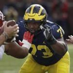 Michigan defensive lineman Maurice Hurst (73) goes up against the Rutgers line during the first half of an NCAA college football game, Saturday, Oct. 28, 2017, in Ann Arbor, Mich. (AP Photo/Carlos Osorio)