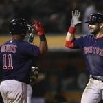 Boston Red Sox's Mitch Moreland, right, celebrates with Rafael Devers (11) after hitting a grand slam off Oakland Athletics' Emilio Pagan in the sixth inning of a baseball game Friday, April 20, 2018, in Oakland, Calif. (AP Photo/Ben Margot)